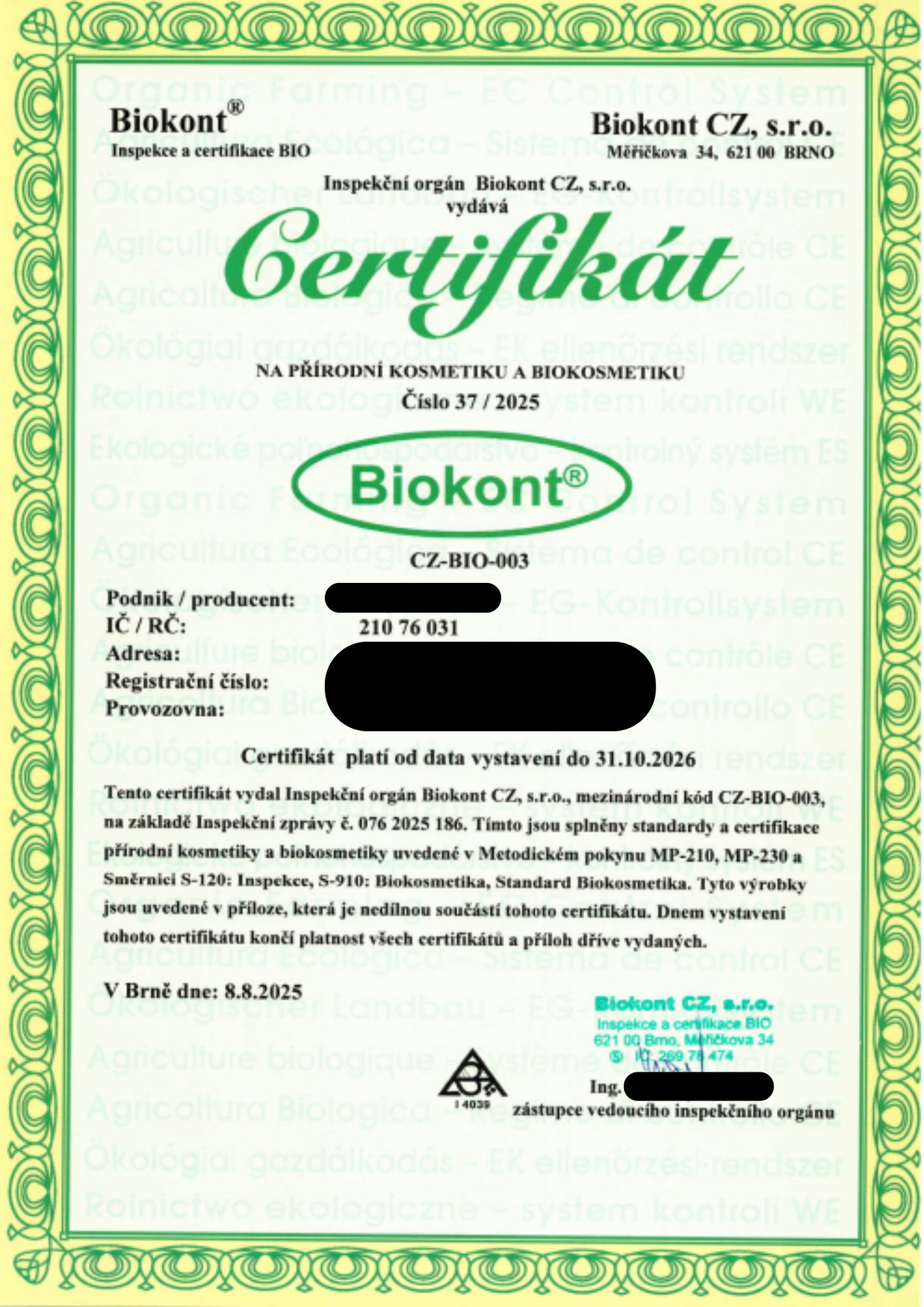 Certifikát kontroly BIO – Biokont CZ, s.r.o.